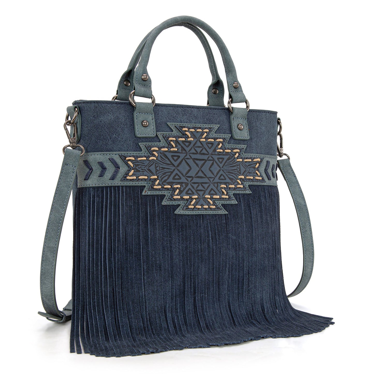 TR196G-8260  Trinity Ranch  Aztec Tooled Fringe Concealed Carry Tote/Crossbody