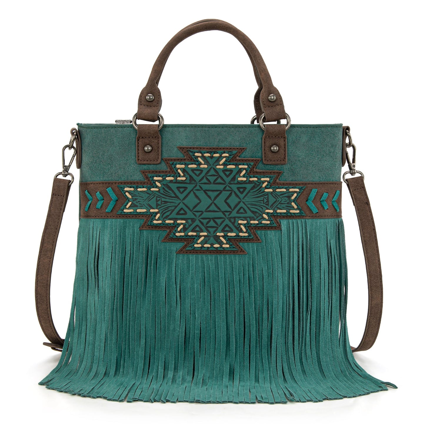 TR196G-8260  Trinity Ranch  Aztec Tooled Fringe Concealed Carry Tote/Crossbody