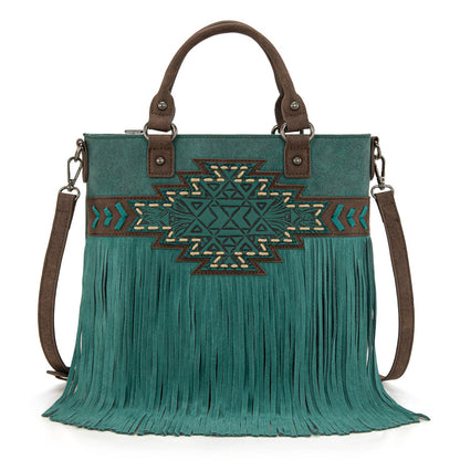 TR196G-8260  Trinity Ranch  Aztec Tooled Fringe Concealed Carry Tote/Crossbody