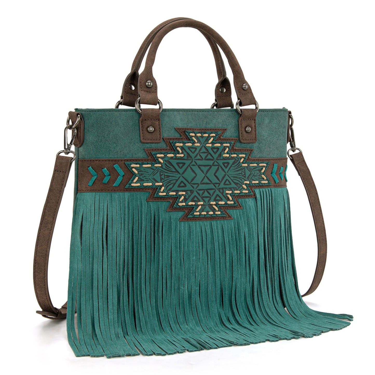 TR196G-8260  Trinity Ranch  Aztec Tooled Fringe Concealed Carry Tote/Crossbody