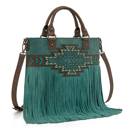 TR196G-8260  Trinity Ranch  Aztec Tooled Fringe Concealed Carry Tote/Crossbody