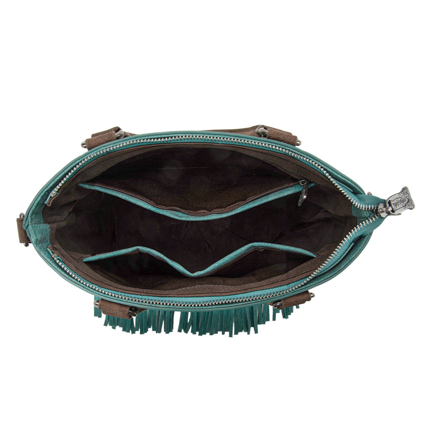 TR196G-8260  Trinity Ranch  Aztec Tooled Fringe Concealed Carry Tote/Crossbody