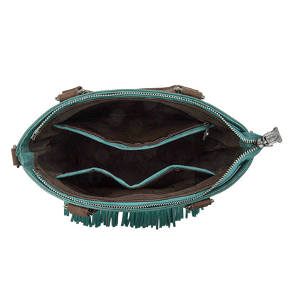 TR196G-8260  Trinity Ranch  Aztec Tooled Fringe Concealed Carry Tote/Crossbody