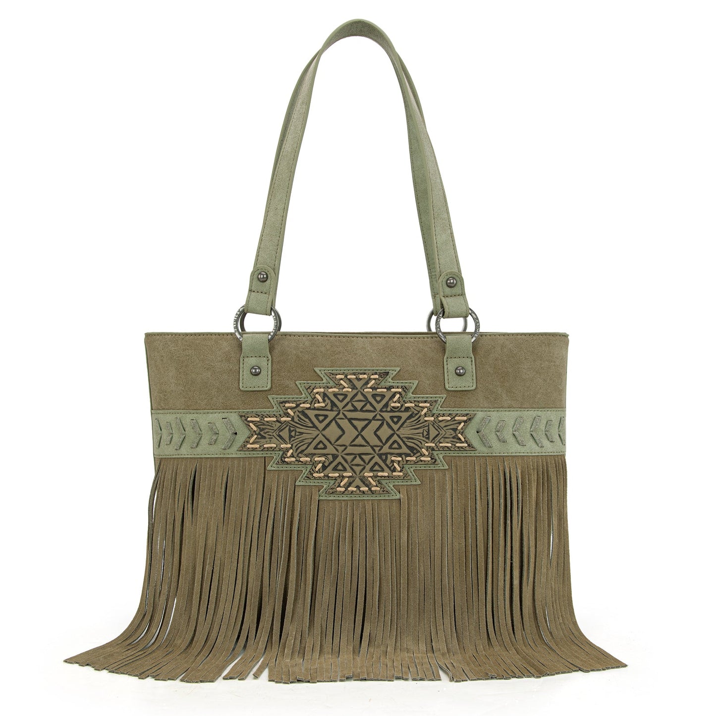 TR196G-8317  Trinity Ranch  Aztec Tooled Fringe Concealed Carry Tote