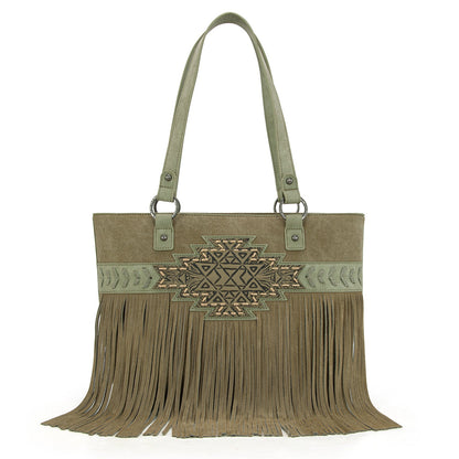 TR196G-8317  Trinity Ranch  Aztec Tooled Fringe Concealed Carry Tote