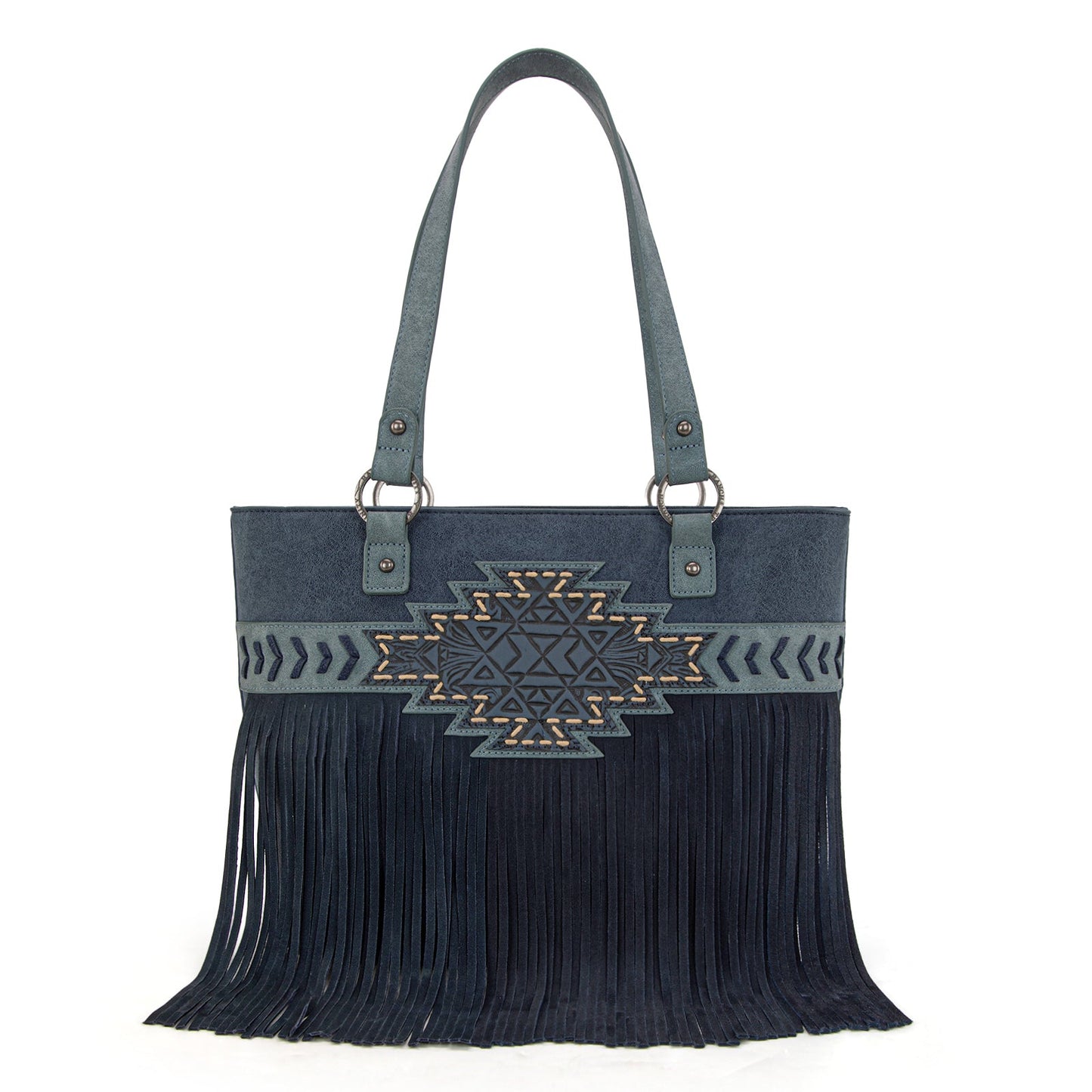 TR196G-8317  Trinity Ranch  Aztec Tooled Fringe Concealed Carry Tote