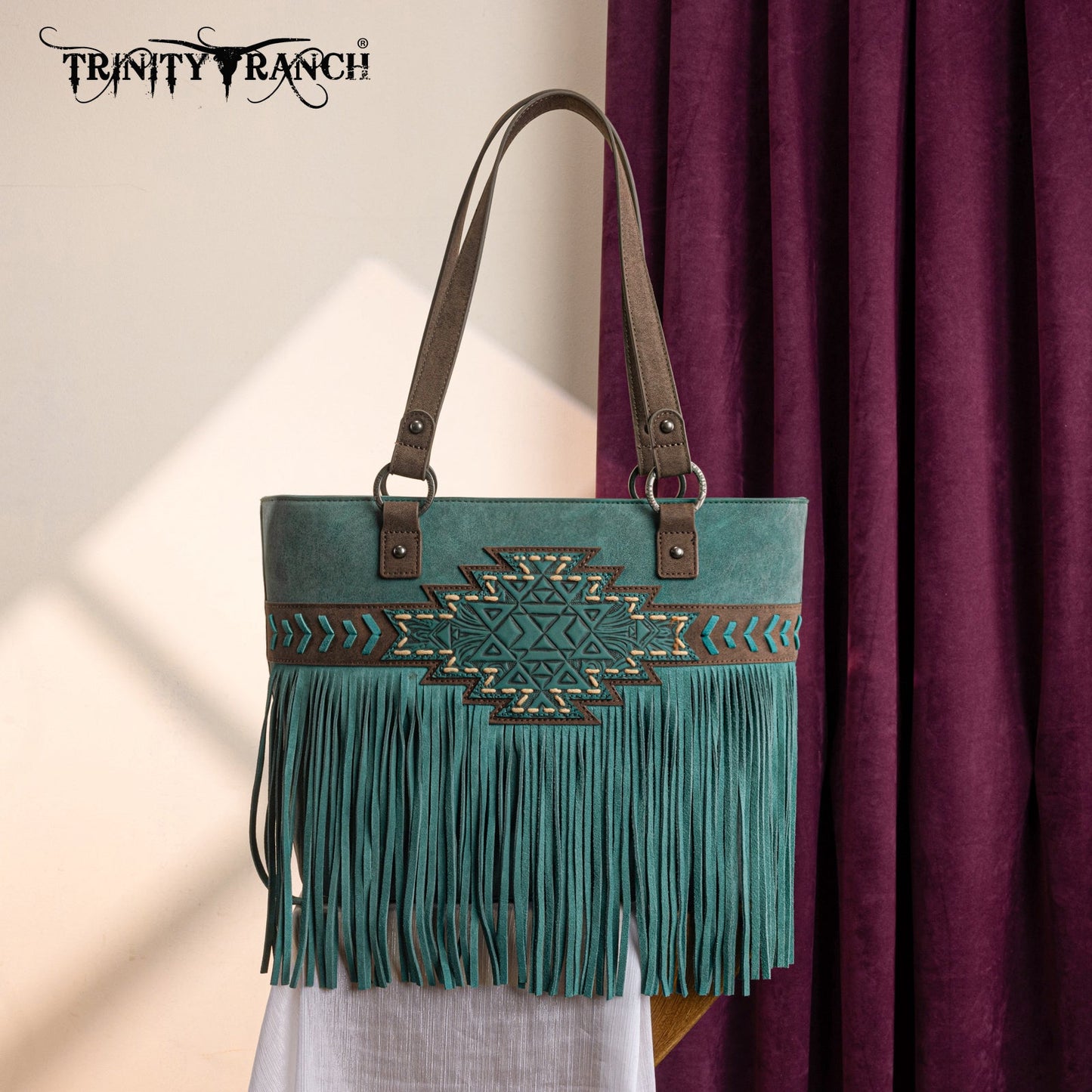 TR196G-8317  Trinity Ranch  Aztec Tooled Fringe Concealed Carry Tote