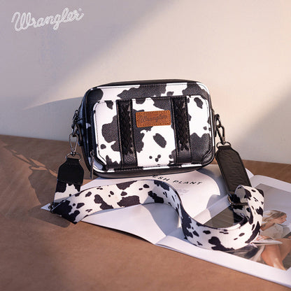 WG133-3003  Wrangler Cow Print Crossbody Purse With Wallet Compartment - Black