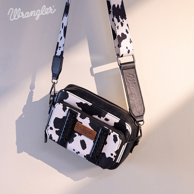 WG133-3003  Wrangler Cow Print Crossbody Purse With Wallet Compartment - Black
