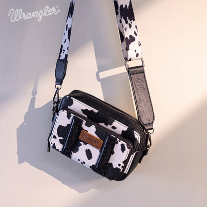 WG133-3003  Wrangler Cow Print Crossbody Purse With Wallet Compartment - Black