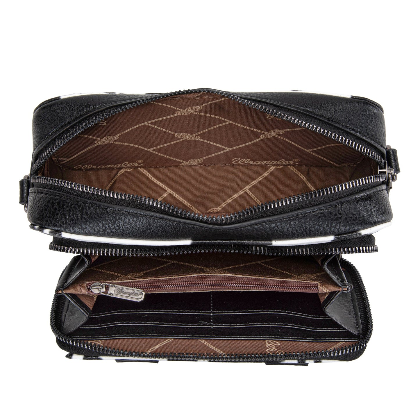 WG133-3003  Wrangler Cow Print Crossbody Purse With Wallet Compartment - Black