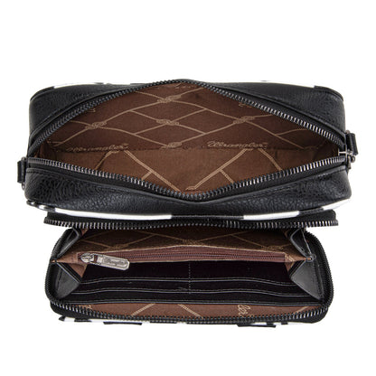 WG133-3003  Wrangler Cow Print Crossbody Purse With Wallet Compartment - Black