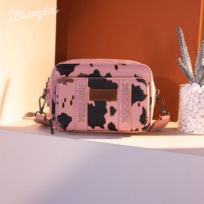 WG133-3003  Wrangler Cow Print Crossbody Purse With Wallet Compartment -Pink