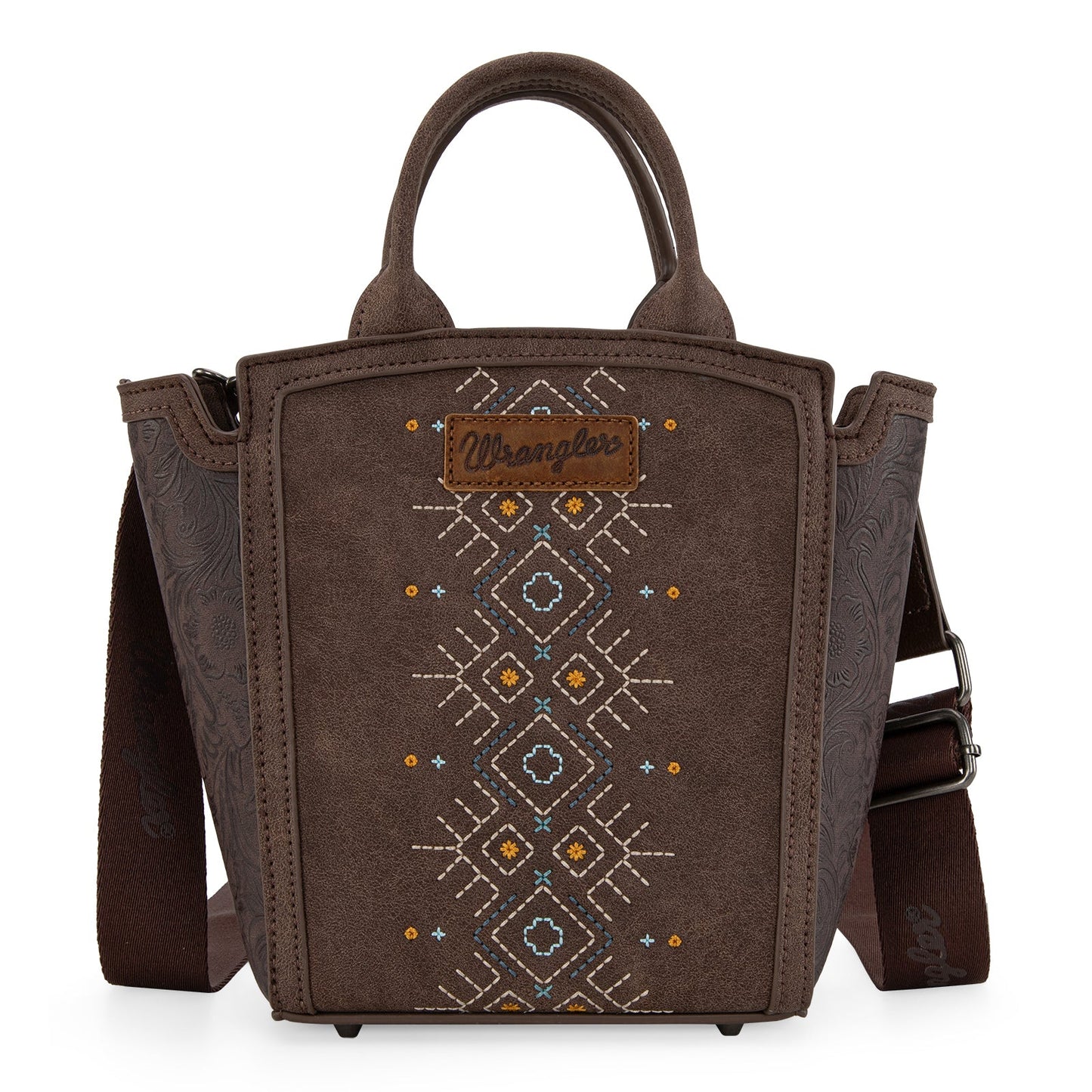 WG211-8014  Wrangler Aztec Embroidered Floral Embossed Tote/Crossbody - Coffee