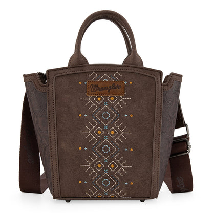 WG211-8014  Wrangler Aztec Embroidered Floral Embossed Tote/Crossbody - Coffee
