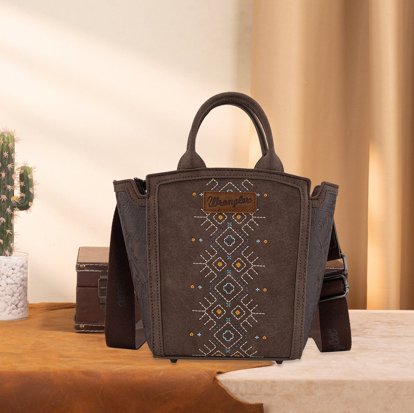 WG211-8014  Wrangler Aztec Embroidered Floral Embossed Tote/Crossbody - Coffee