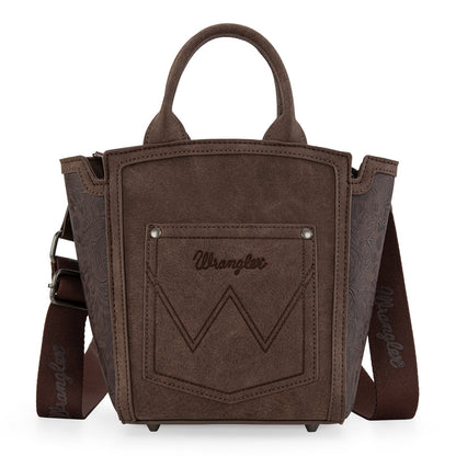 WG211-8014  Wrangler Aztec Embroidered Floral Embossed Tote/Crossbody - Coffee