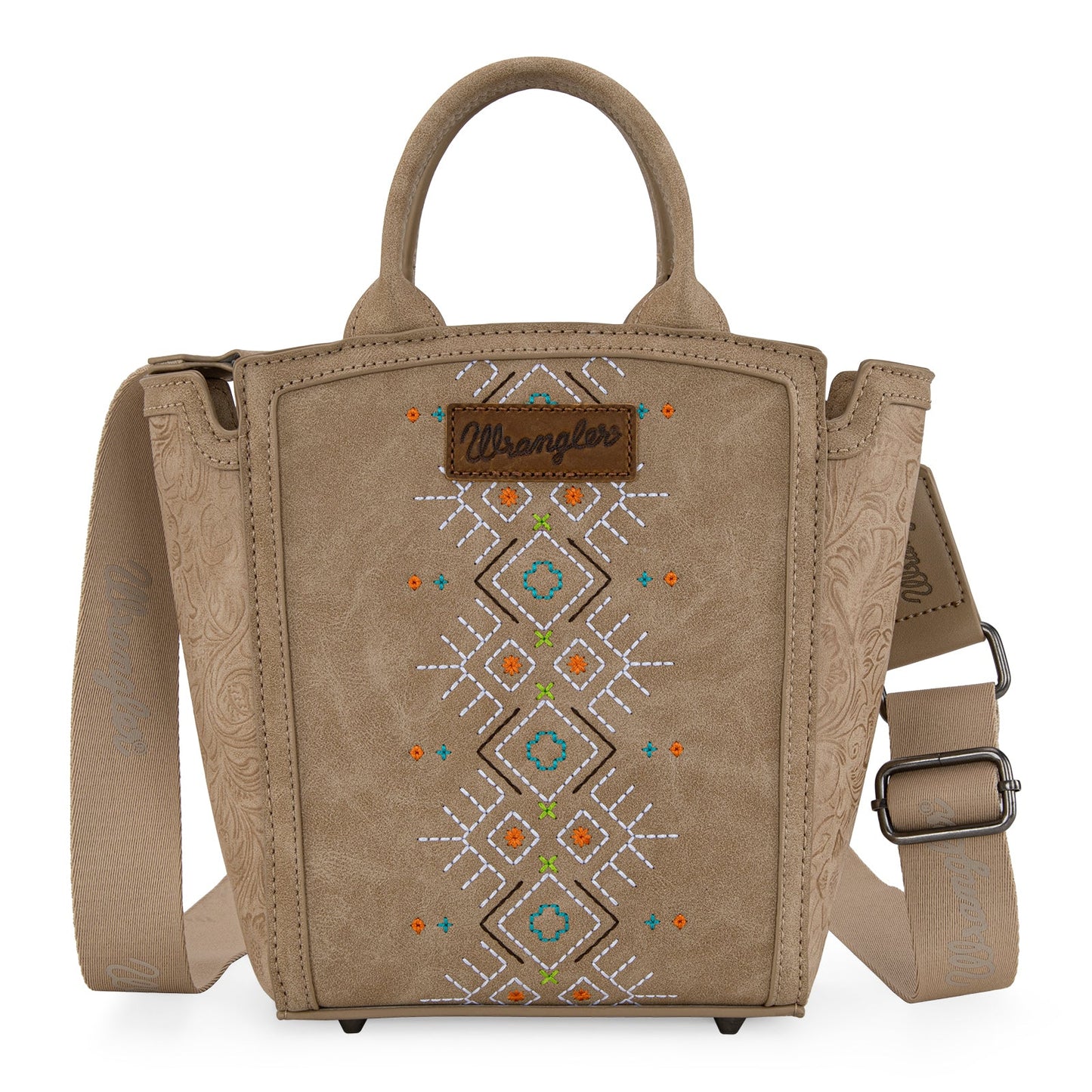 WG211-8014  Wrangler Aztec Embroidered Floral Embossed Tote/Crossbody -Tan