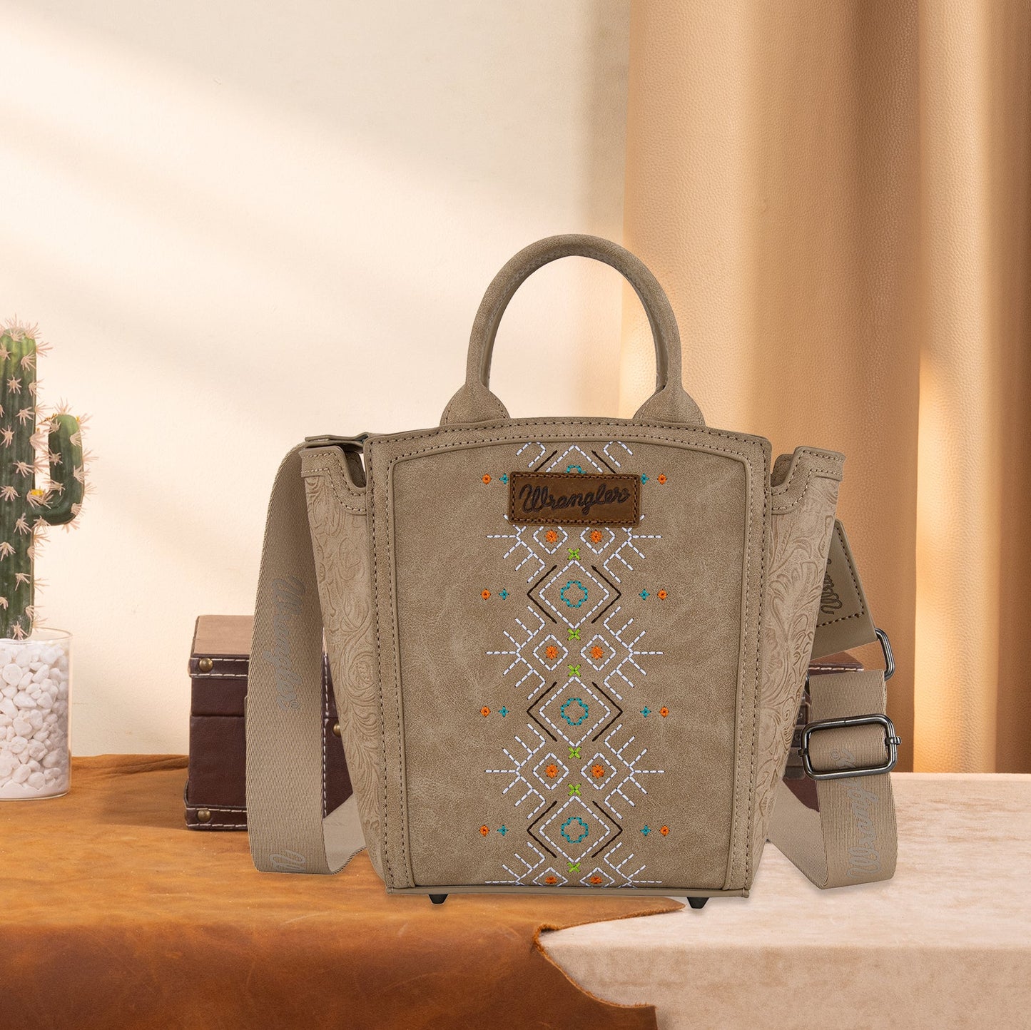 WG211-8014  Wrangler Aztec Embroidered Floral Embossed Tote/Crossbody -Tan