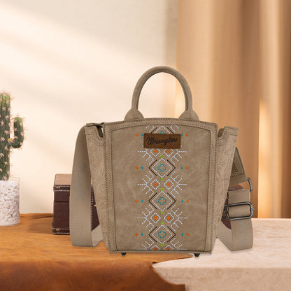 WG211-8014  Wrangler Aztec Embroidered Floral Embossed Tote/Crossbody -Tan