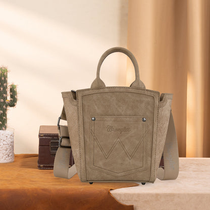 WG211-8014  Wrangler Aztec Embroidered Floral Embossed Tote/Crossbody -Tan