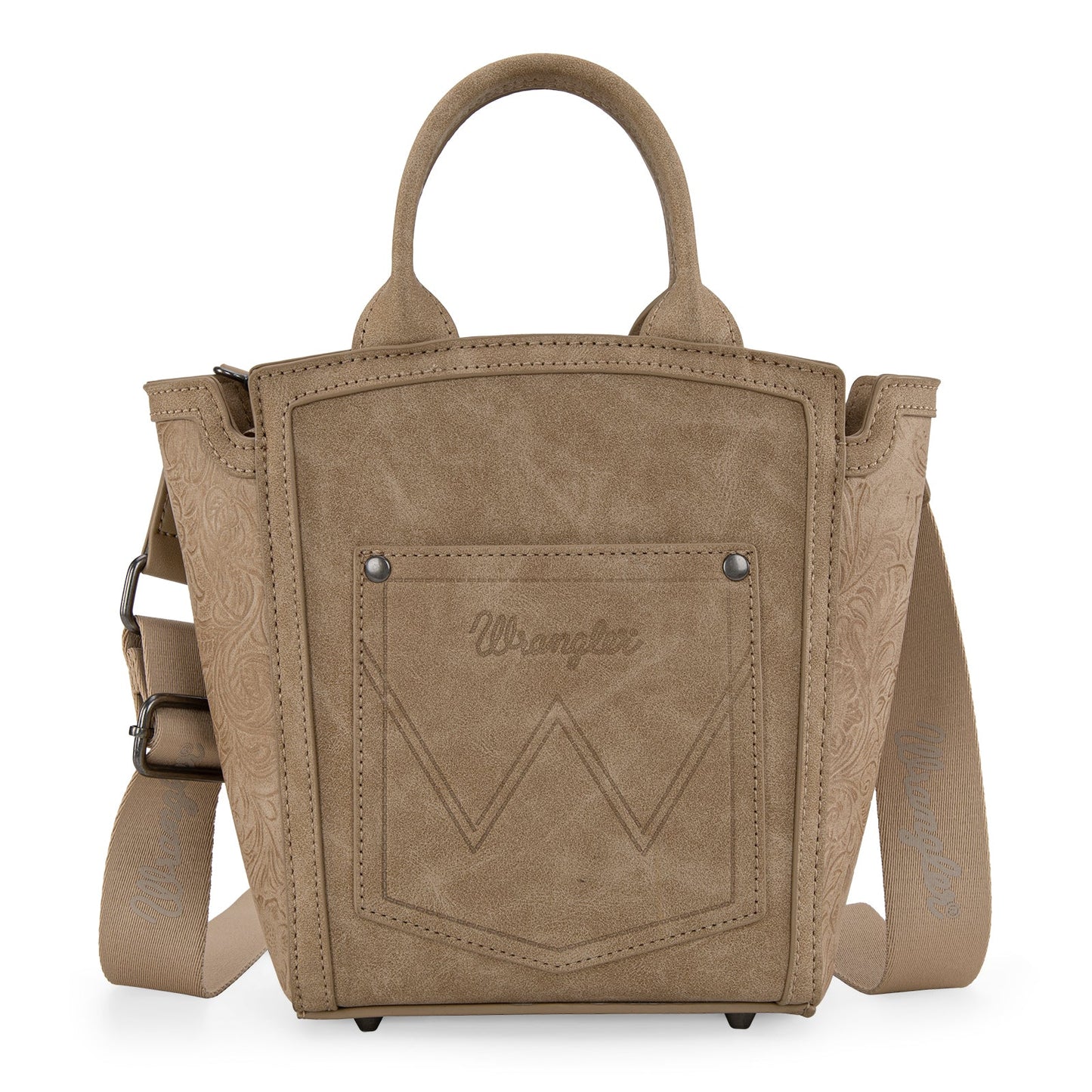 WG211-8014  Wrangler Aztec Embroidered Floral Embossed Tote/Crossbody -Tan