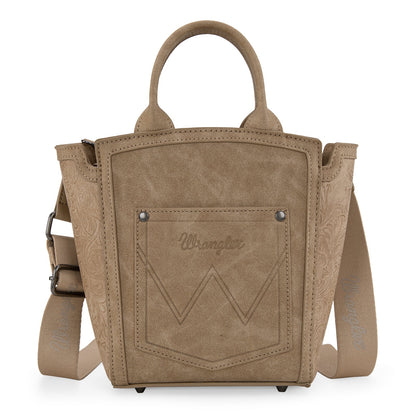 WG211-8014  Wrangler Aztec Embroidered Floral Embossed Tote/Crossbody -Tan