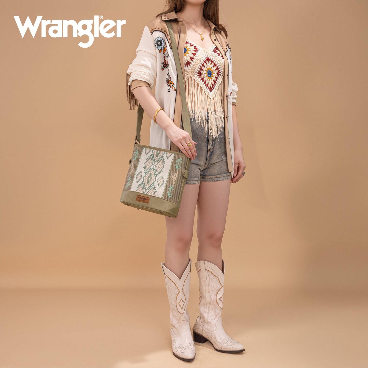 WG213-2003  Wrangler Aztec Distressed Print Dual Sided Print Concealed Carry Crossbody-Green)