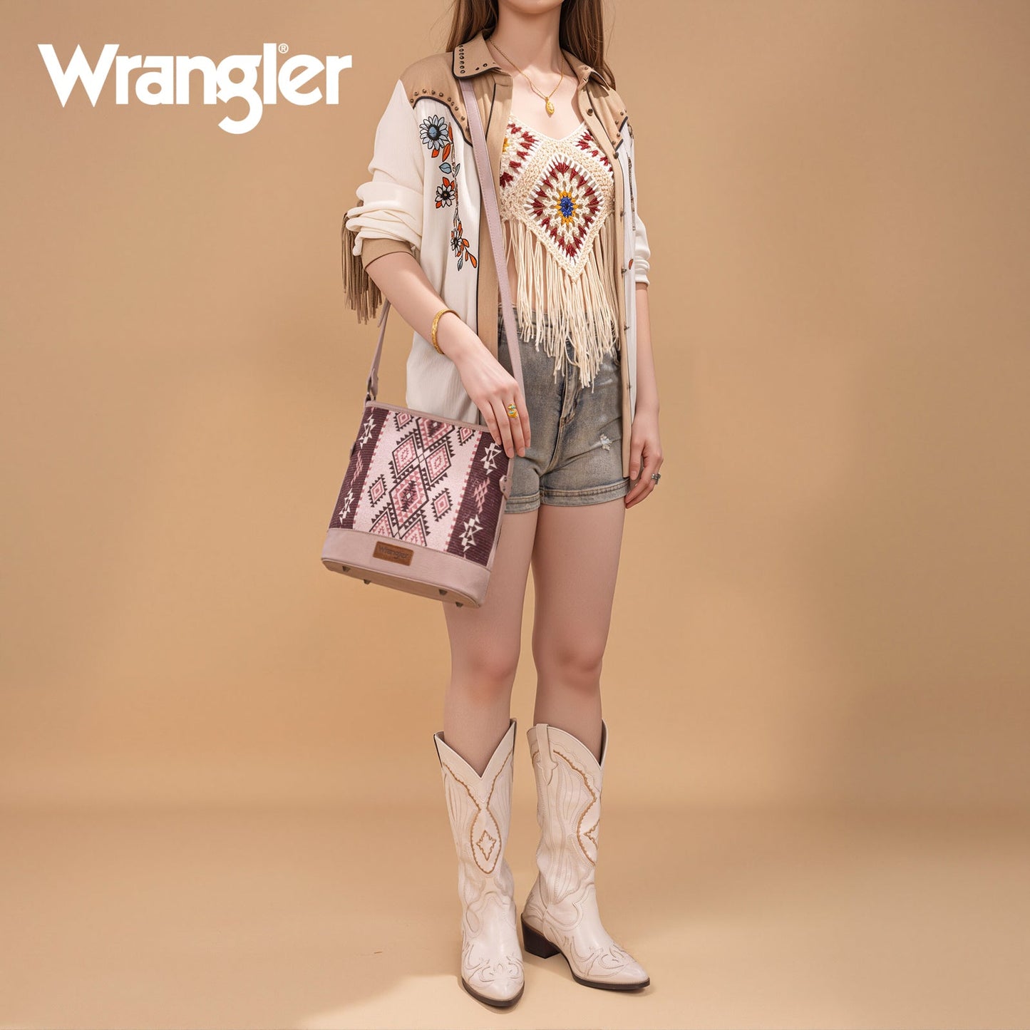 WG213-2003  Wrangler Aztec Distressed Print Dual Sided Print Concealed Carry Crossbody-Pink