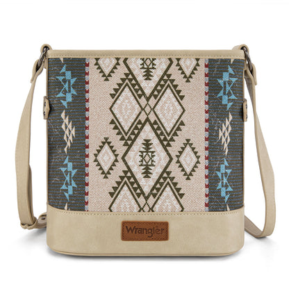 WG213-2003  Wrangler Aztec Distressed Print Dual Sided Print Concealed Carry Crossbody-Tan