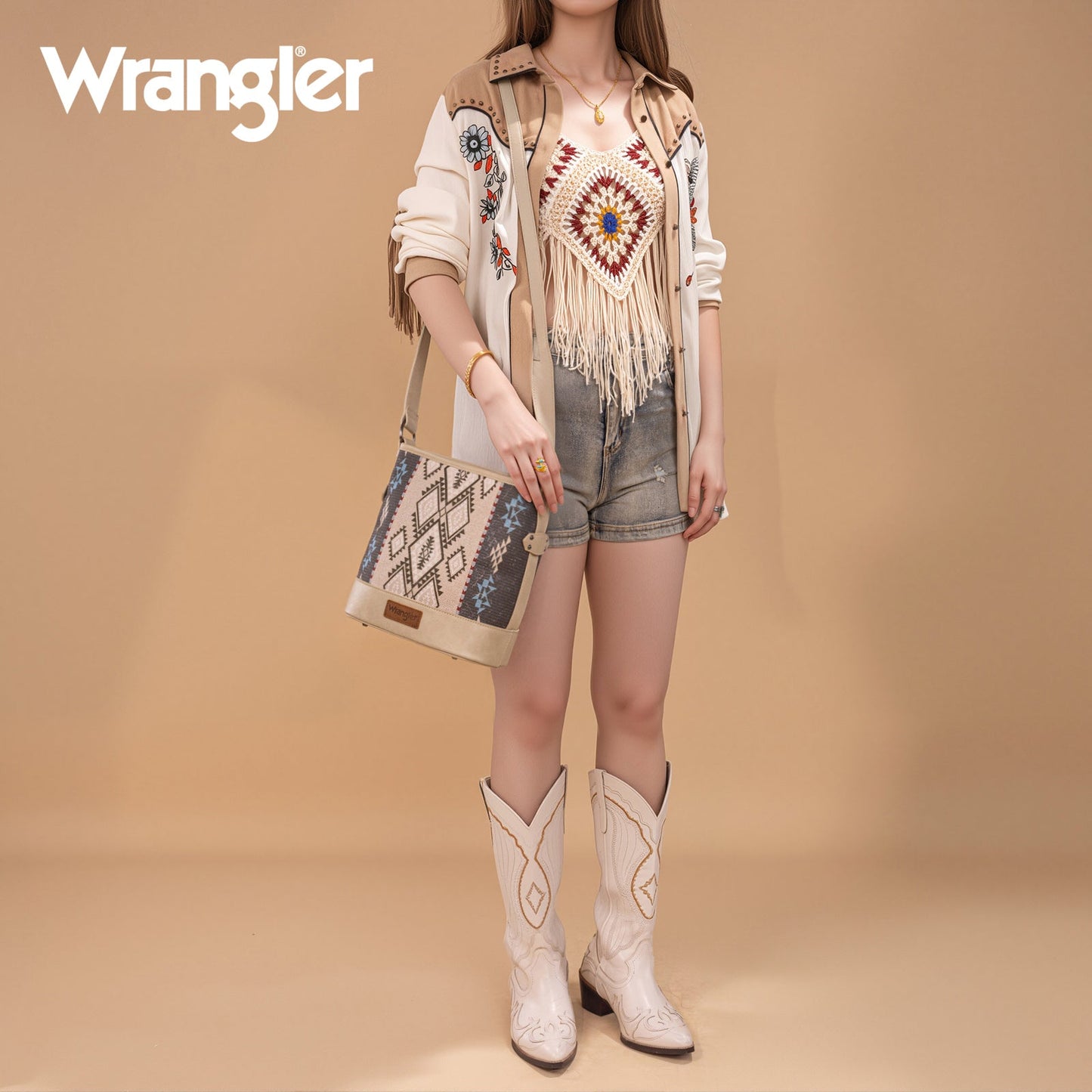 WG213-2003  Wrangler Aztec Distressed Print Dual Sided Print Concealed Carry Crossbody-Tan