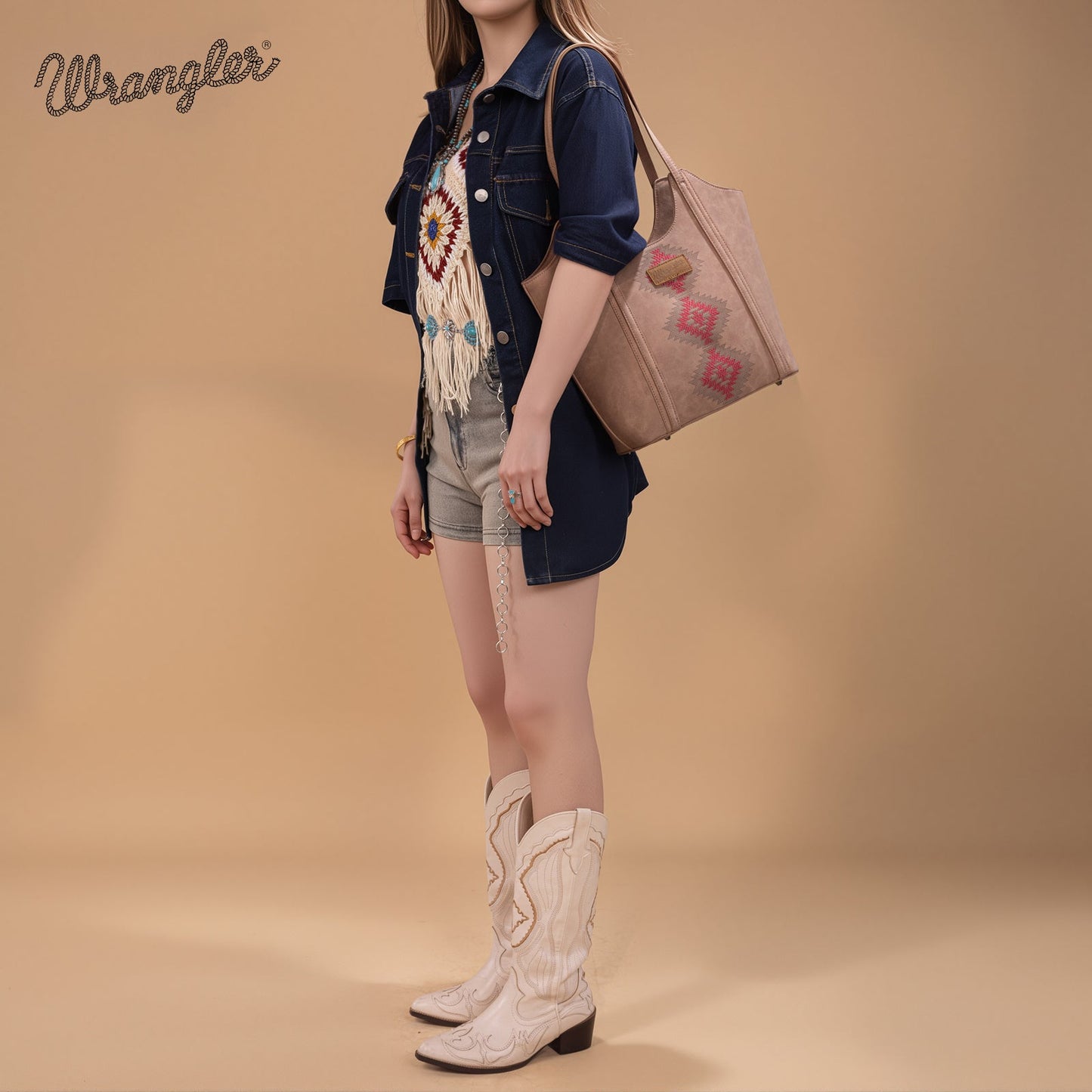 WG218-8250  Wrangler Aztec Embroidered Tote Bag- Dark Pink