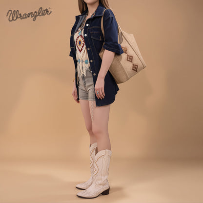 WG218-8250  Wrangler Aztec Embroidered Tote Bag- Tan