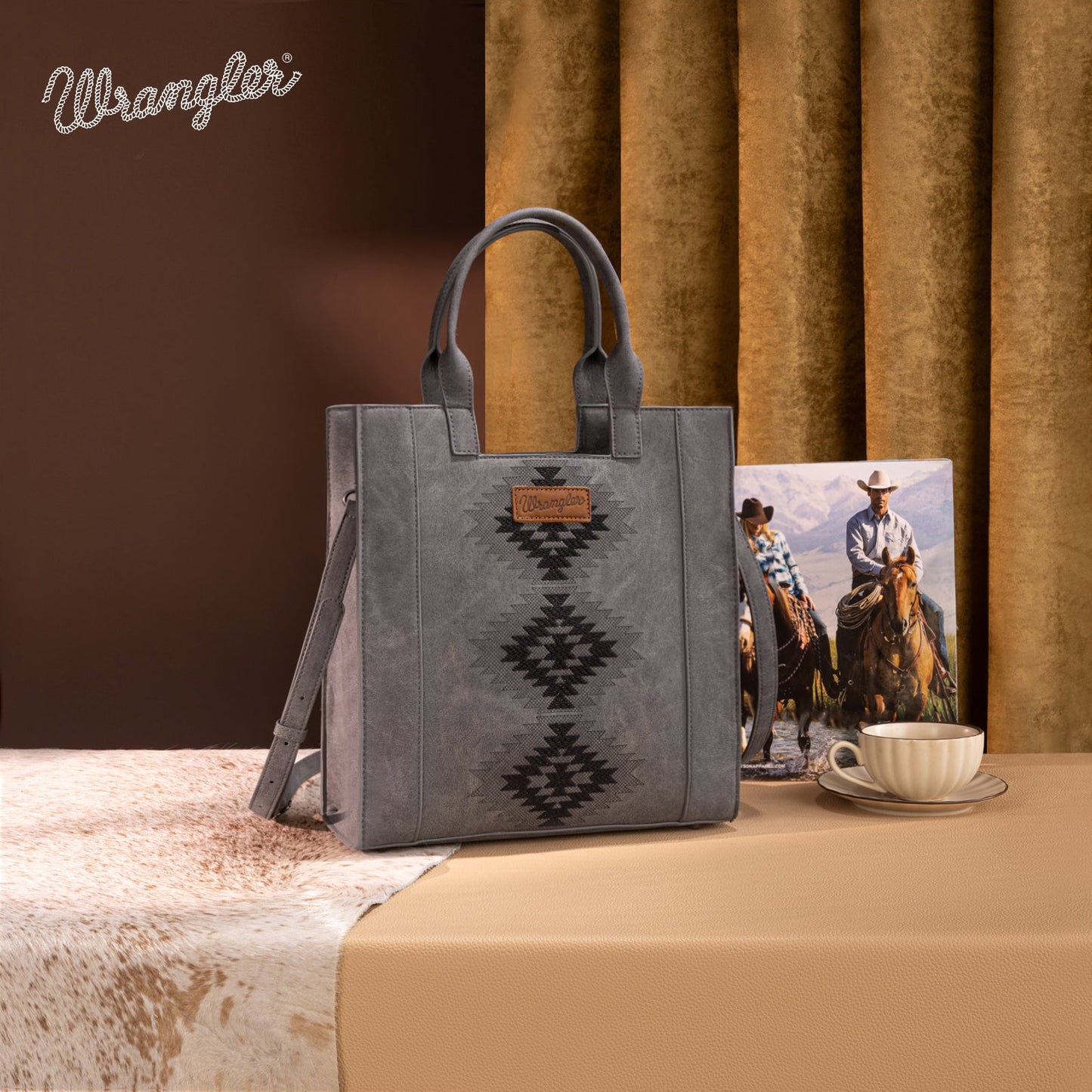 WG218-8900  Wrangler Aztec Embroidered Tote Bag/Crossbody- Black