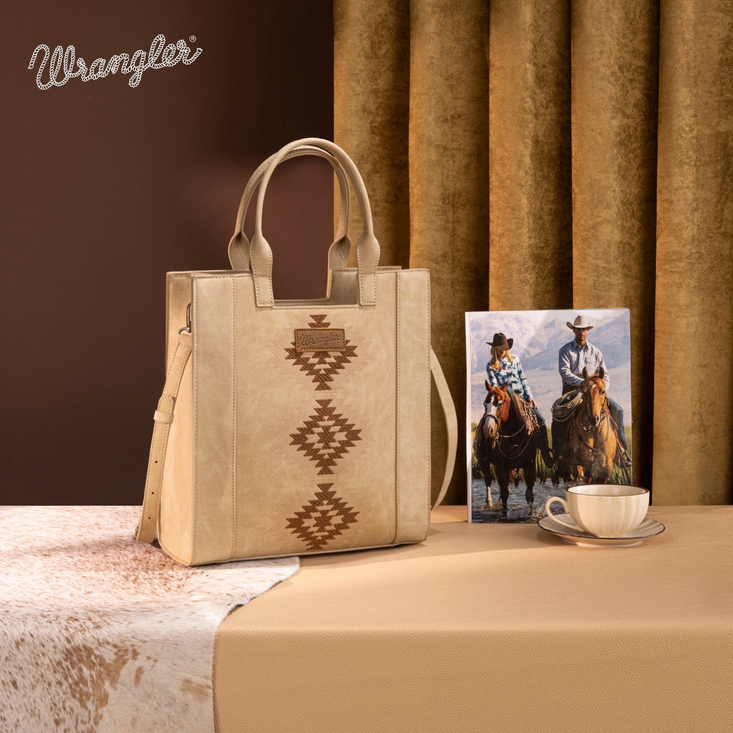 WG218-8900  Wrangler Aztec Embroidered Tote Bag/Crossbody- Tan