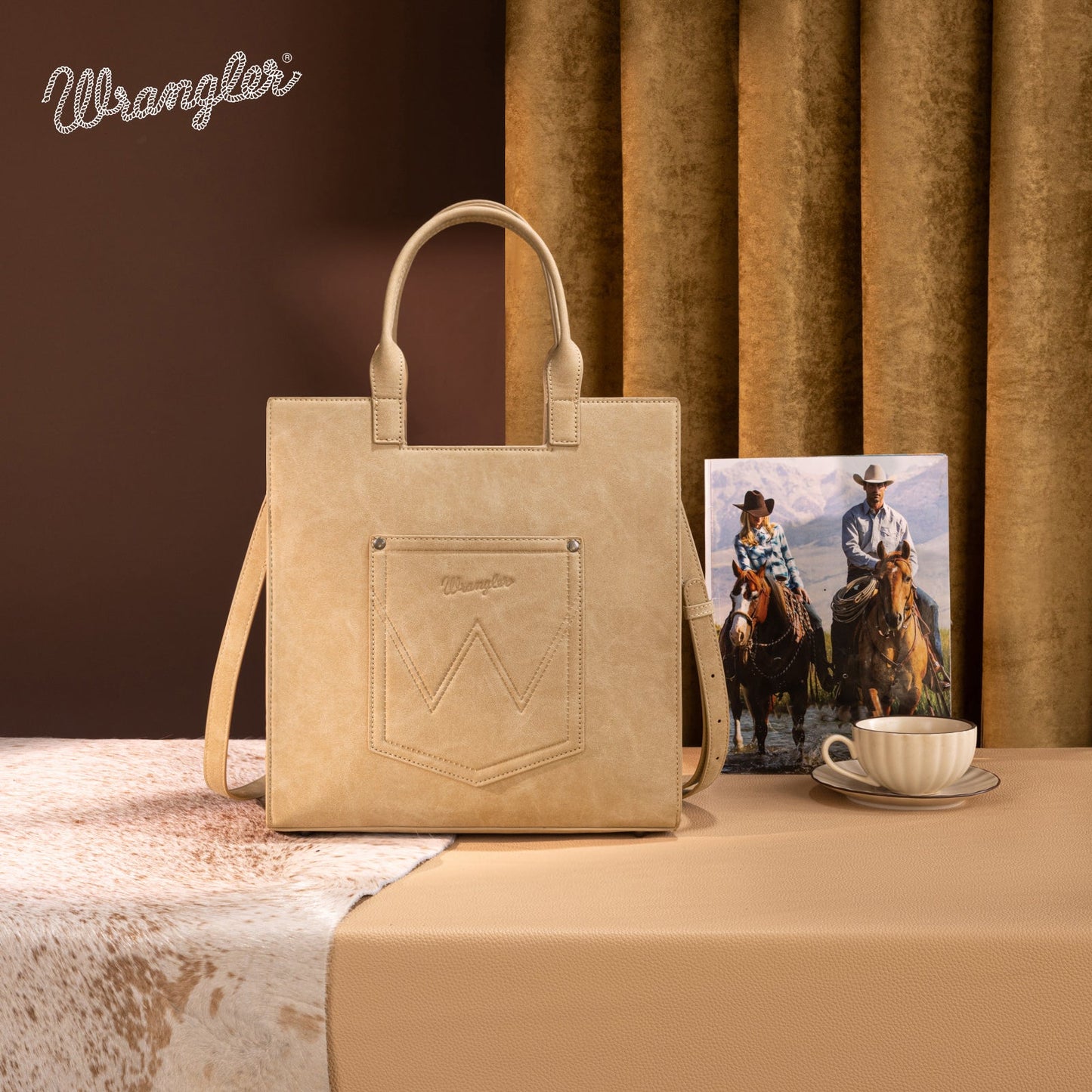 WG218-8900  Wrangler Aztec Embroidered Tote Bag/Crossbody- Tan