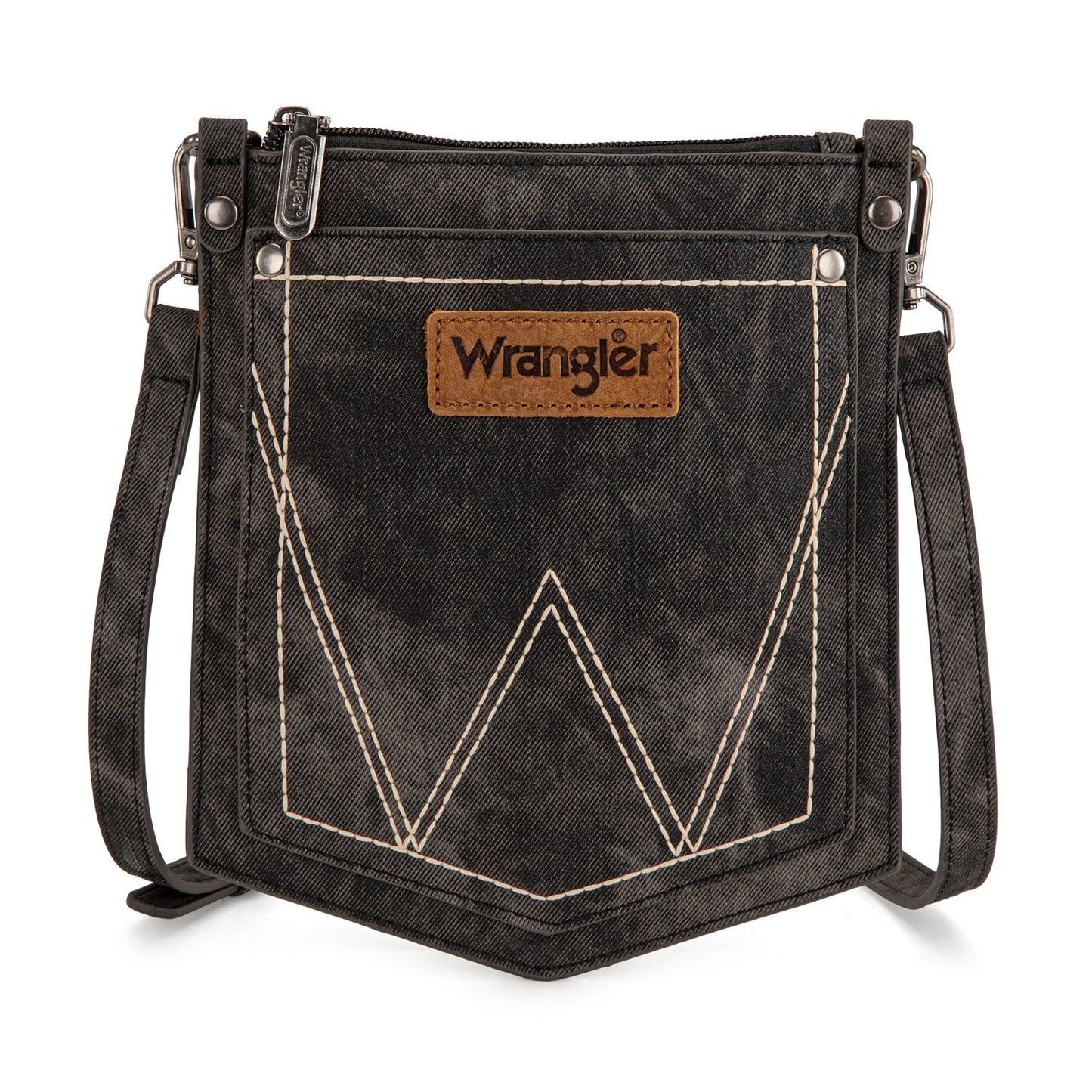 WG219-183  Wrangler "W" Stitch Water Repellent Denim Pocket Crossbody- Black