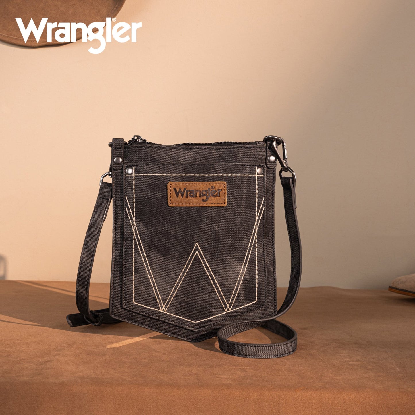 WG219-183  Wrangler "W" Stitch Water Repellent Denim Pocket Crossbody- Black