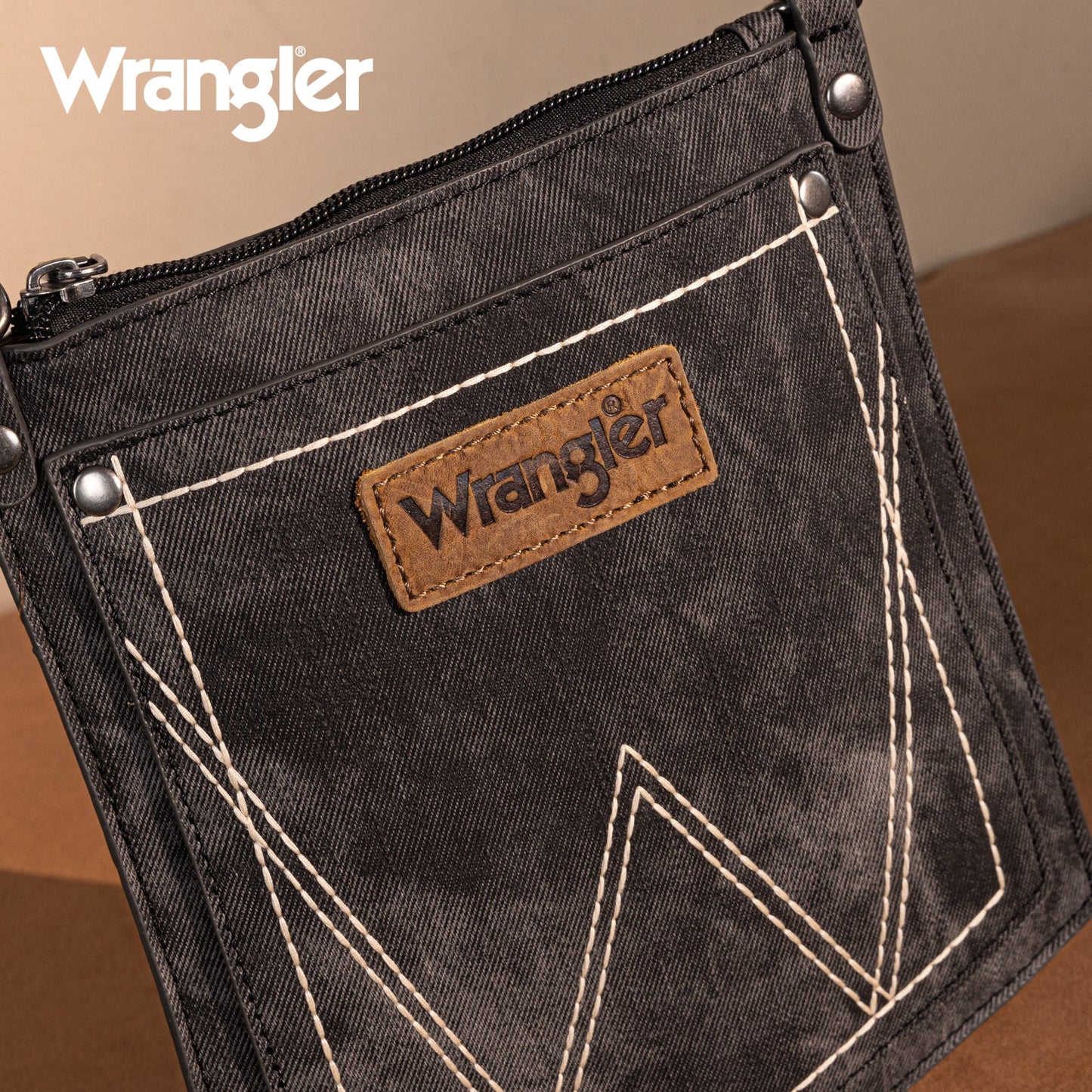 WG219-183  Wrangler "W" Stitch Water Repellent Denim Pocket Crossbody- Black