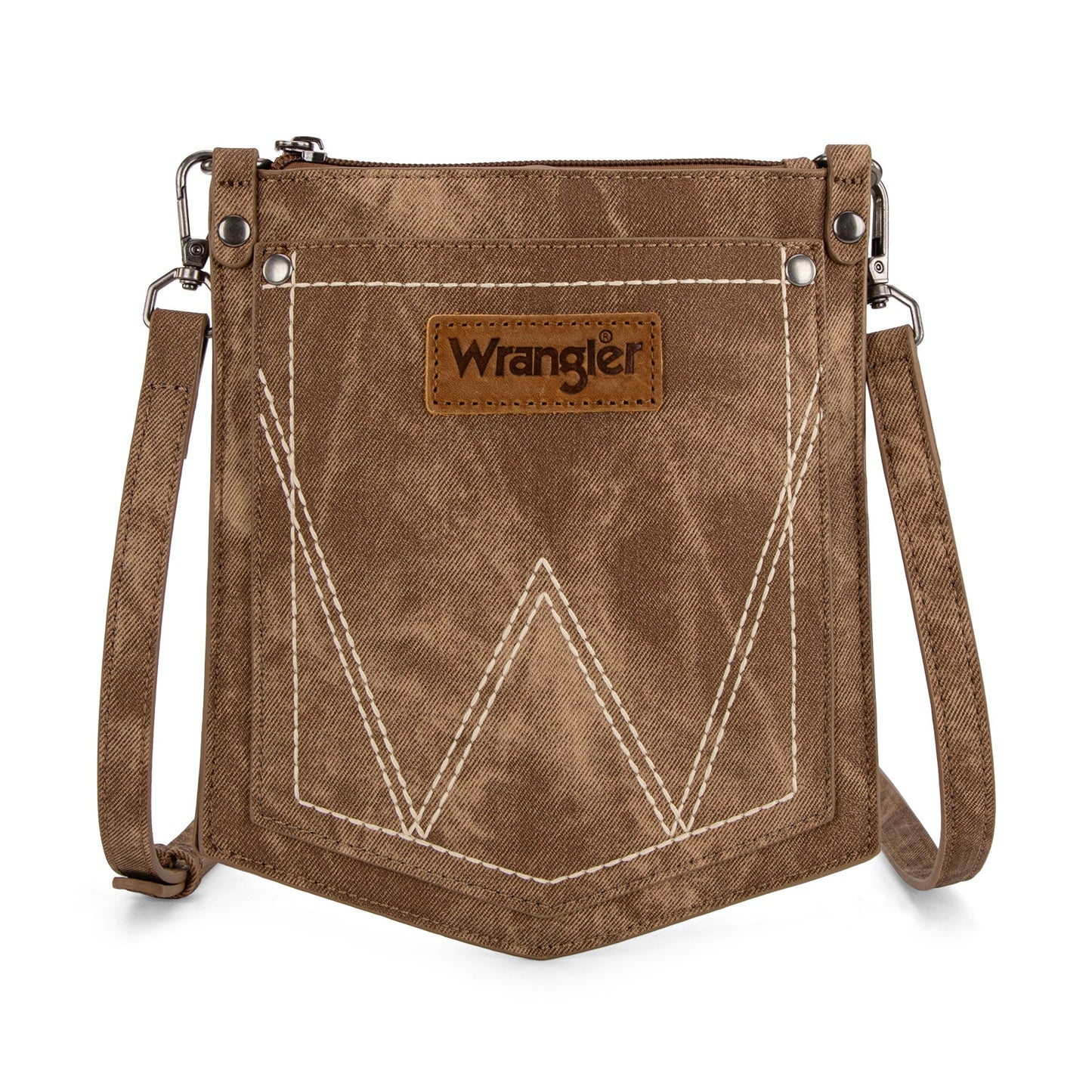 WG219-183  Wrangler "W" Stitch Water Repellent Denim Pocket Crossbody- Brown