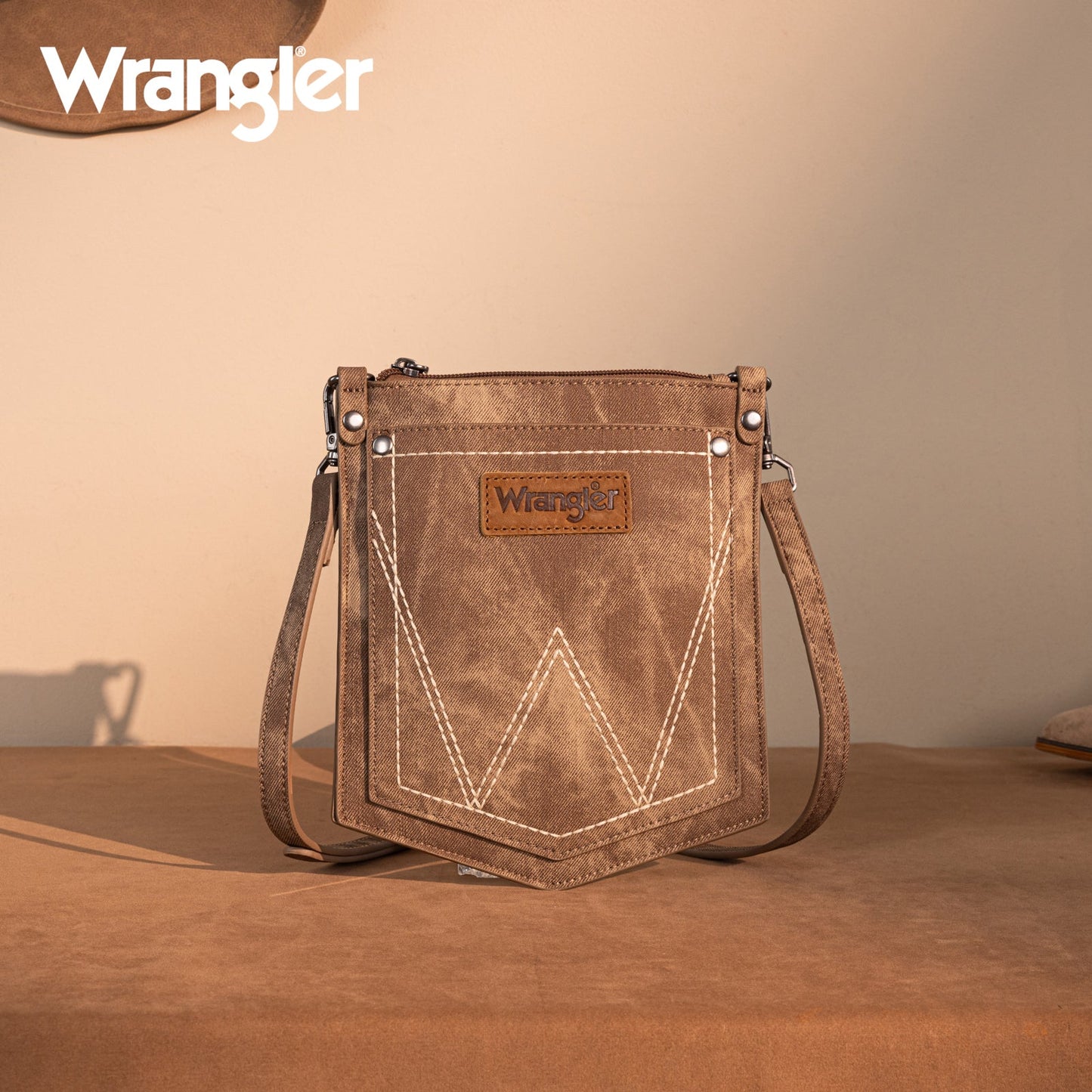 WG219-183  Wrangler "W" Stitch Water Repellent Denim Pocket Crossbody- Brown