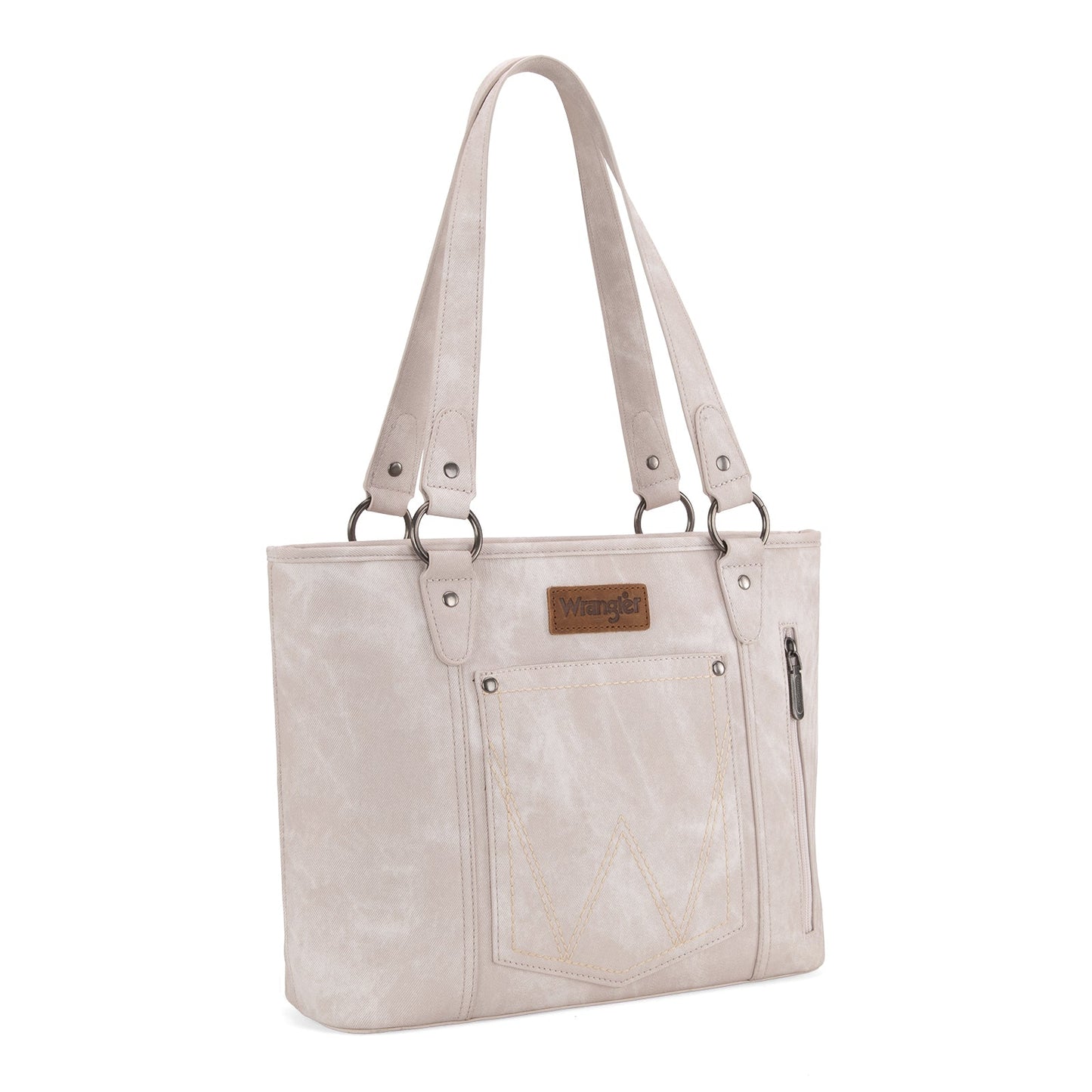 WG219-8317  Wrangler "W" Stitch Water Repellent Denim Pocket Zippered Tote Bag- Beige