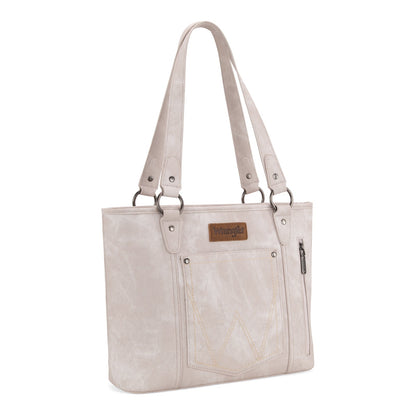 WG219-8317  Wrangler "W" Stitch Water Repellent Denim Pocket Zippered Tote Bag- Beige