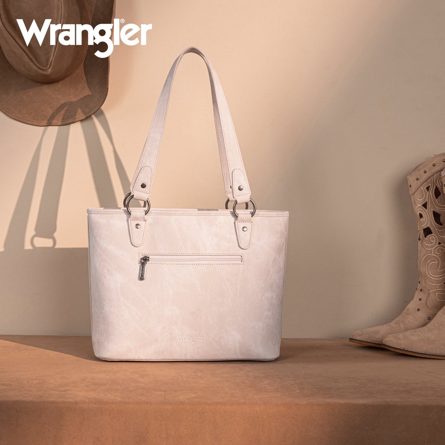 WG219-8317  Wrangler "W" Stitch Water Repellent Denim Pocket Zippered Tote Bag- Beige
