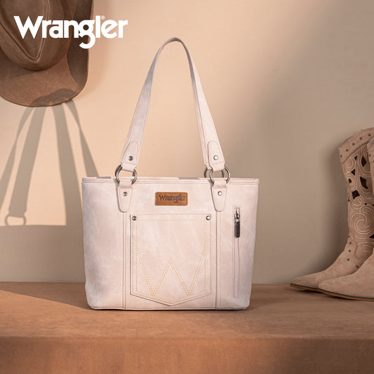 WG219-8317  Wrangler "W" Stitch Water Repellent Denim Pocket Zippered Tote Bag- Beige