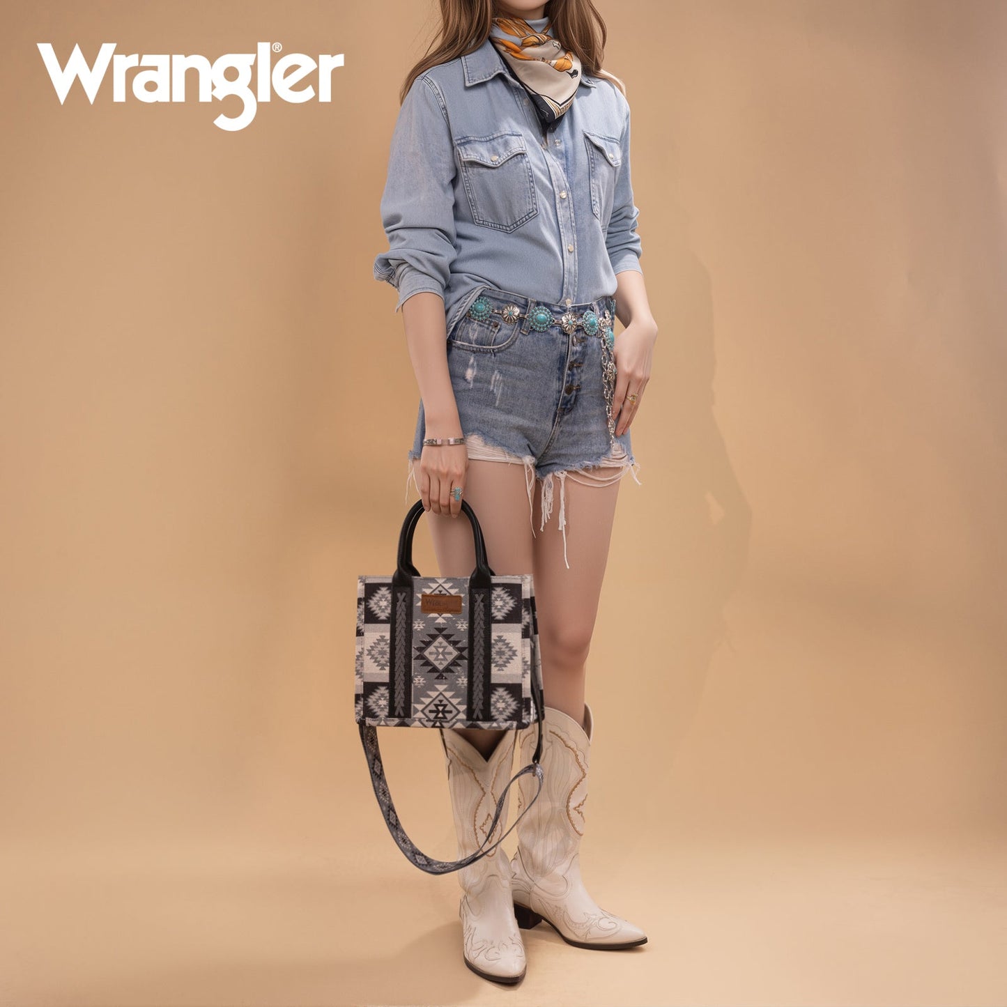 WG2209-8120S  Wrangler Aztec Pattern Dual Sided Print -Tote/Crossbody -Black