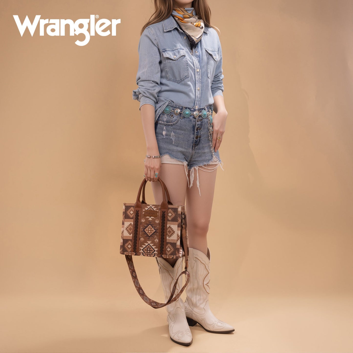 WG2209-8120S  Wrangler Aztec Pattern Dual Sided Print -Tote/Crossbody -Brown