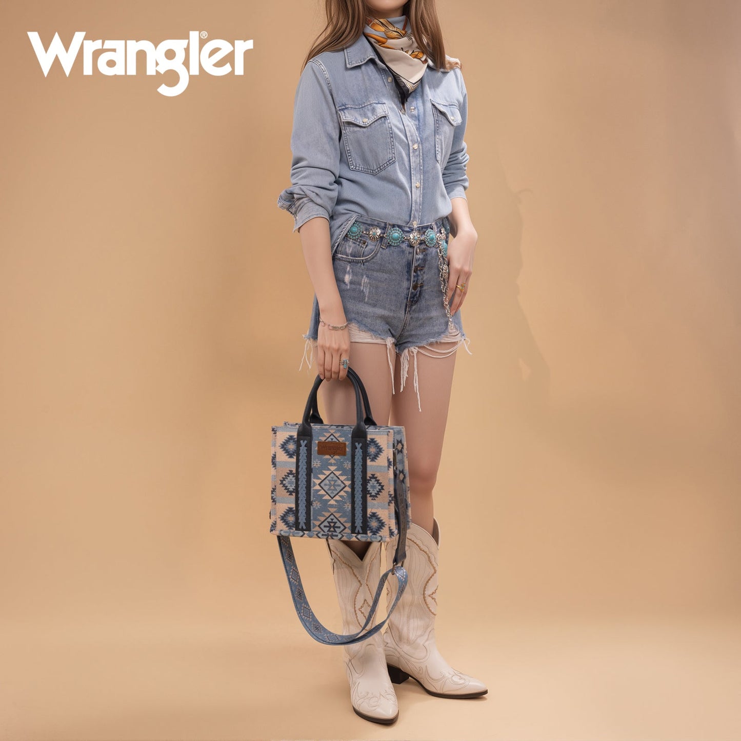WG2209-8120S  Wrangler Aztec Pattern Dual Sided Print -Tote/Crossbody -Jean