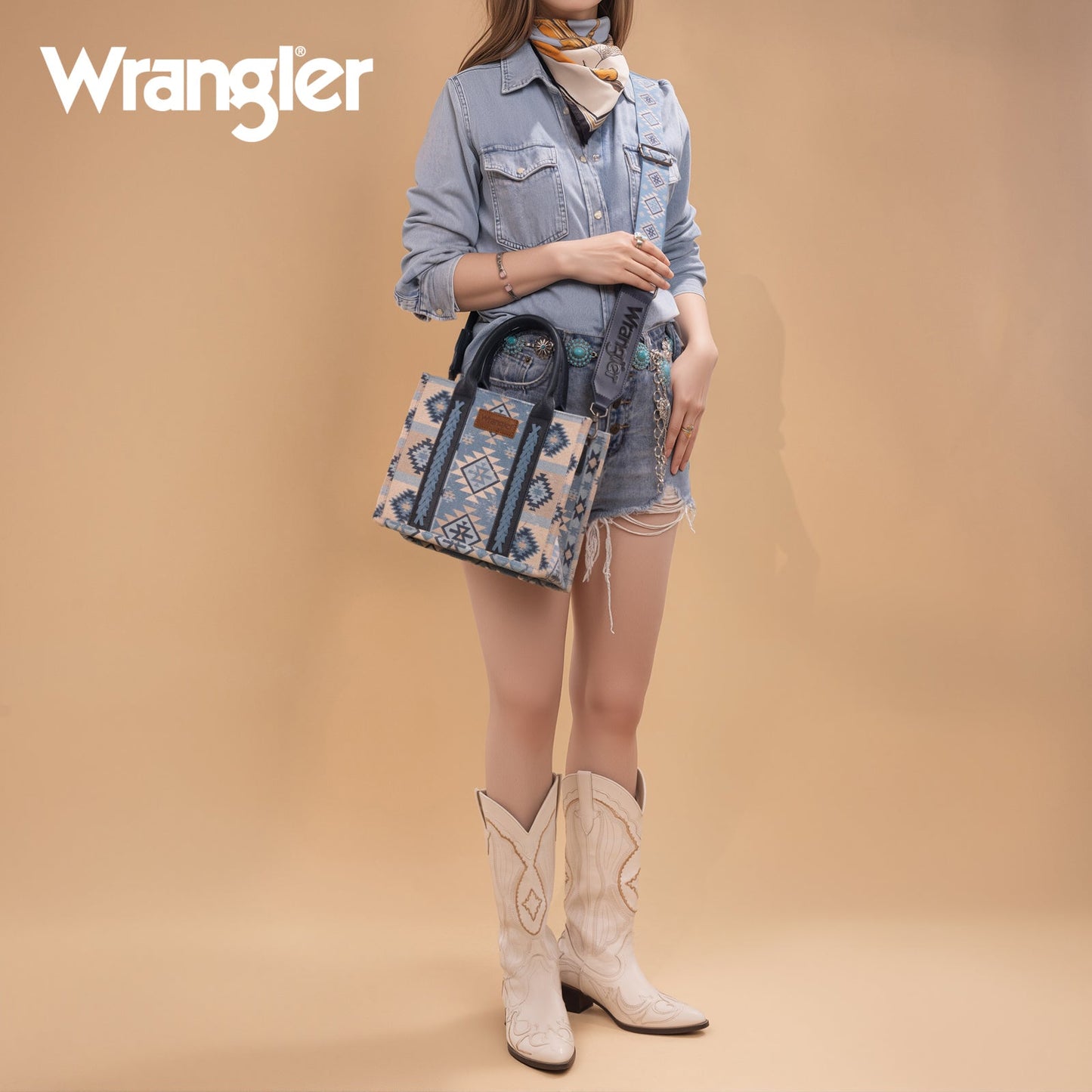 WG2209-8120S  Wrangler Aztec Pattern Dual Sided Print -Tote/Crossbody -Jean