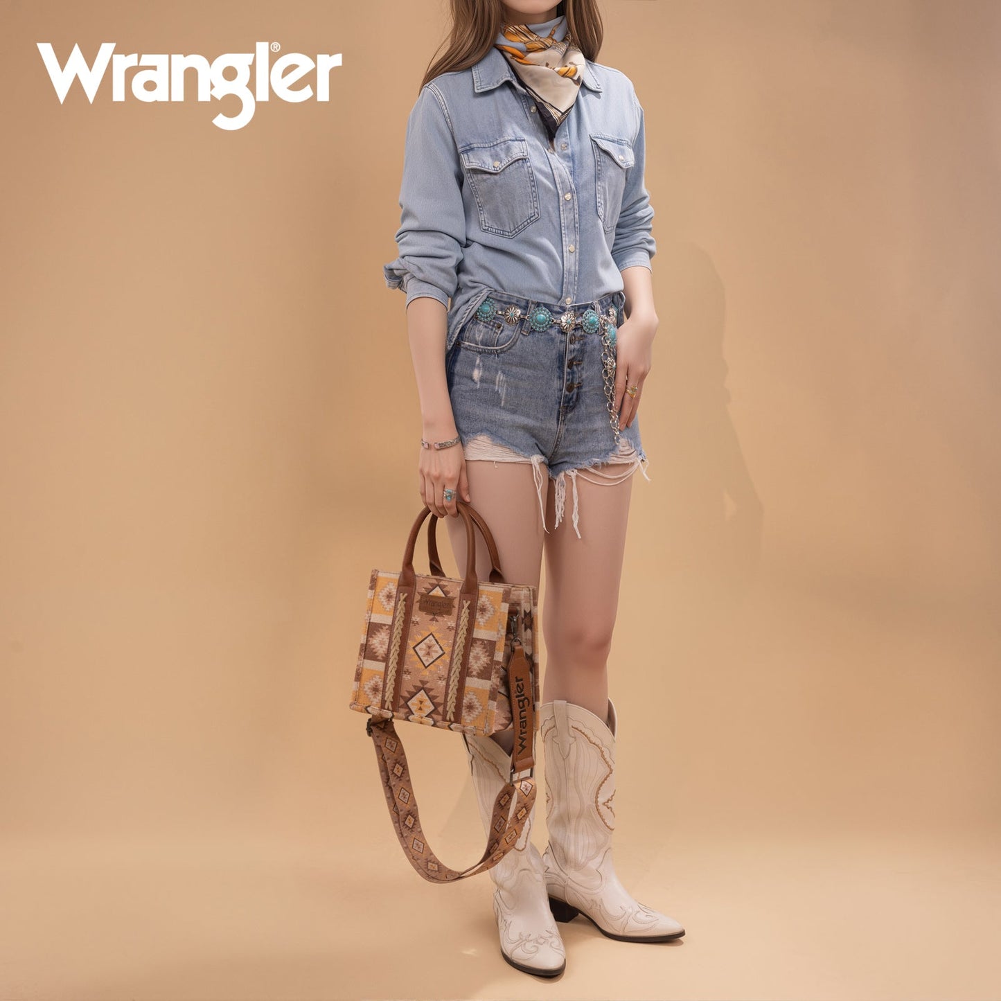 WG2209-8120S  Wrangler Aztec Pattern Dual Sided Print -Tote/Crossbody - Light Brown